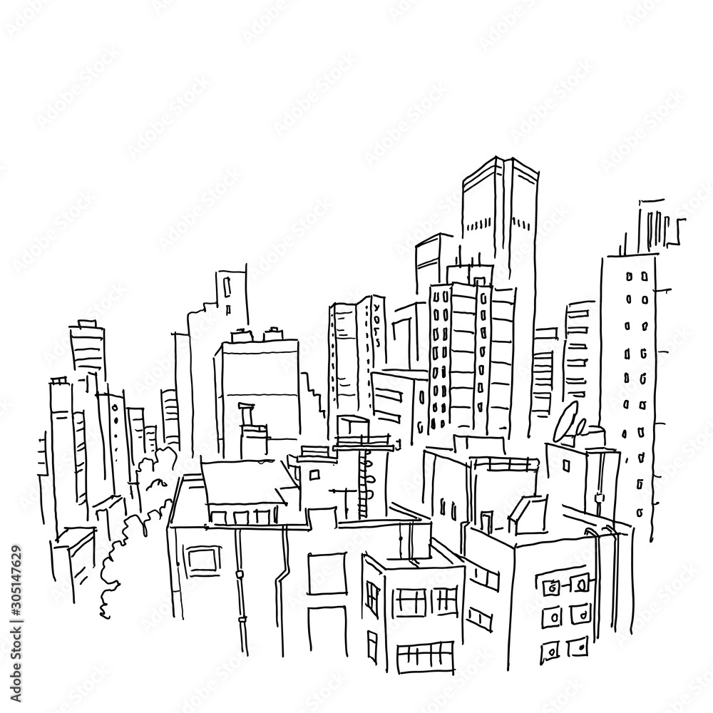 City sketch. Building architecture landscape panorama. View from window on the roofs. Ordinary city. Hand drawn black line.
