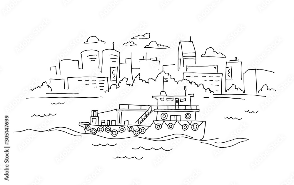 A ferry sailing along the river against the backdrop of a big city. Ship, river port. Hand drawn vector black line outline.