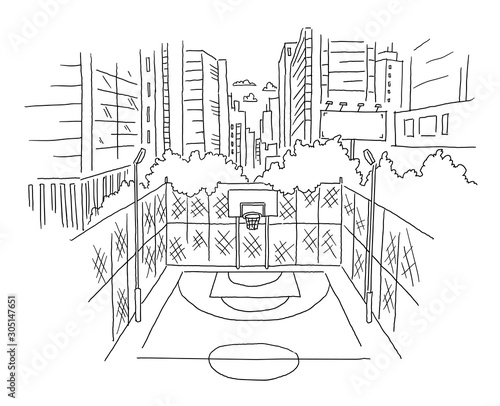 City basketball court sketch view. Building skyscrapers landscape trees on the background. Hand drawn black line.