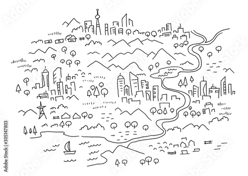 Drawn map of the area. Cartoon city, mountain river and village. Forest hills and sea. Hand drawn vector black line outline.