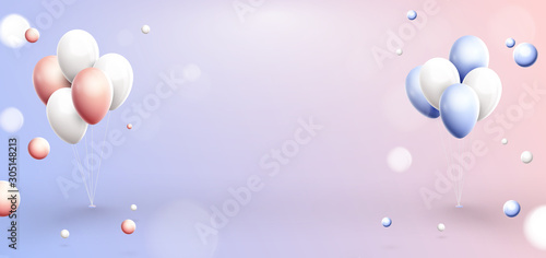 Celebrate a birthday, Poster, banner, anniversary. Pink, blue and white balloons in pastel background. 3d realistic vector illustration