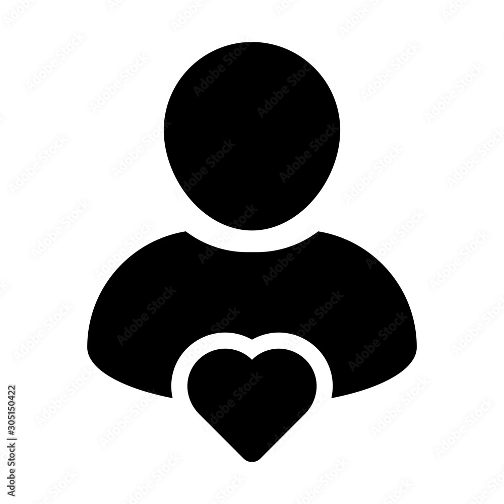 Valentine icon vector male user person profile avatar with heart symbol in a flat color glyph pictogram illustration