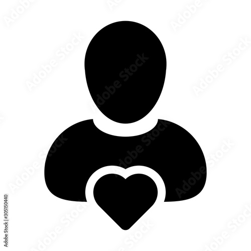 Health icon vector male user person profile avatar with heart symbol in a flat color glyph pictogram illustration