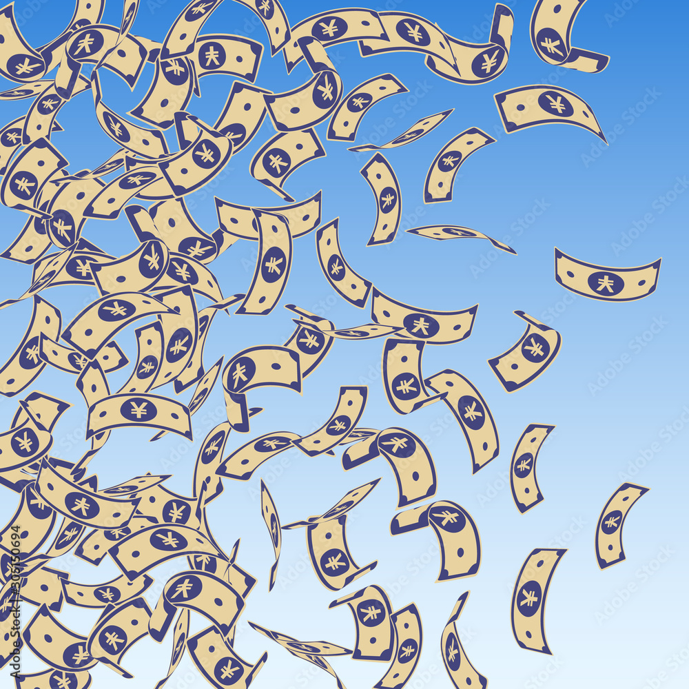 Chinese yuan notes falling. Floating CNY bills on Chinese yuan notes falling. Floating CNY bills on