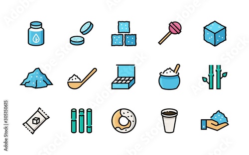 Sugar icons. Sweeteners, sugar canes packages bags cubes and heap, organic stevia eco sweetener. Vector flat and line set logo brown or refined nature product for confectionery