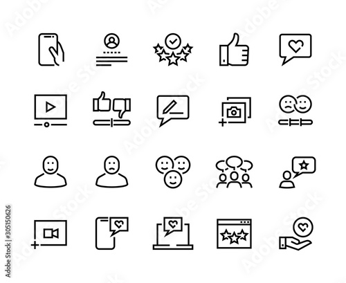 Feedback line icons. Customer review and questionnaire list outline pictograms. Vector user experience and opinion test set. Communication services testing consumer emotions