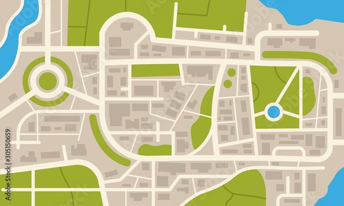 City navigation map. Flat plan of streets parks and river with top view, simple cartoon city map. Vector illustration downtown pattern with beautiful mapping image town squares, square