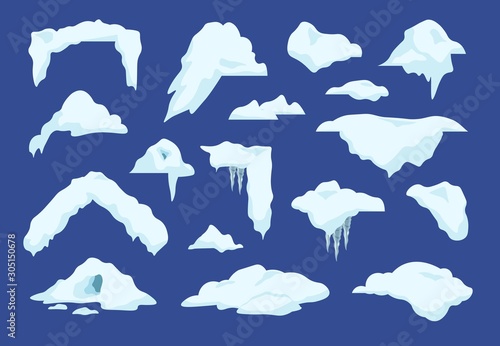 Snow caps. Cartoon winter decoration elements with snowballs and icicles, frozen clouds and snow piles. Vector set illustration Christmas sign decorations ice texture sign with beautiful snow hats