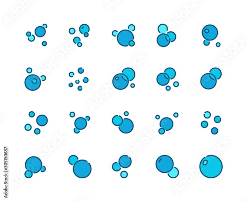 Champagne bubbles set. Line icons underwater air flows and soap or shampoo bubbles, chemistry water molecules and oxygen bubbles. Vector set glyph outlines fun balls for logo or aquarium blue color