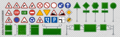 Street signs. Road direction and signboards and traffic control signs, green highway information shields. Vector pointers set directly on roads to adjust movement cars