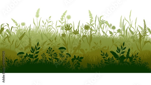 Grass silhouette. Marsh and swamp plains with weed and plants, cartoon wavy meadow. Vector grassland landscape field with growing herbs for green lawn or label organic clean pasture