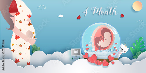 regnancy 4-month Stages of development. Process of human fetal growth in pregnancy and mother and baby infographic Happy Mother's Day beautiful woman and child.Vector illustration