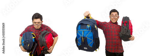 Young man with bags isolated on white