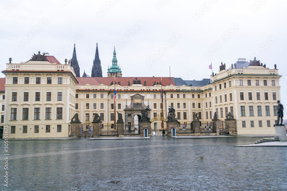 Empty square in front of Prague Castle early in the morning in cloudy weather Empty square in front of Prague Castle early in the morning in cloudy weather