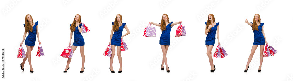 Beautiful lady in dark blue dress isolated on white Beautiful lady in dark blue dress isolated on white