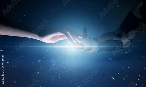 Conceptual photo of robotics help to humanity. A robot invites a person to the digital world, a view from the side of artificial intelligence of modern technologies