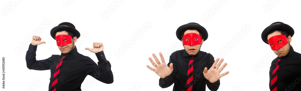 Young man with red mask isolated on white Young man with red mask isolated on white