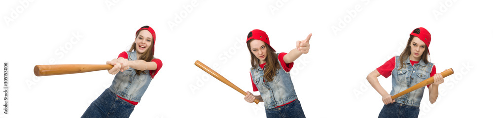Pretty girl holding baseball bat isolated on white