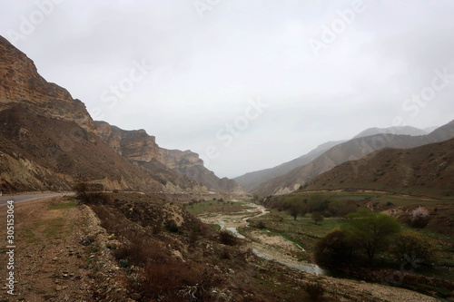 Scenic misty mountain road in Dagestan view, Russia