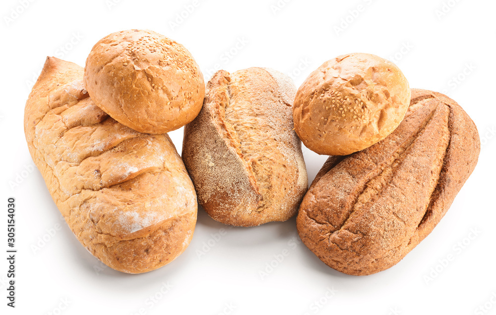 Different fresh bread on white background