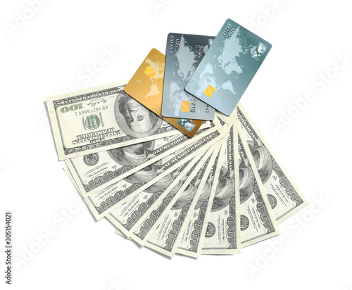 Dollar banknotes with credit cards on white background