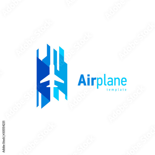 Airplane logo blue flight takeoff stripes up