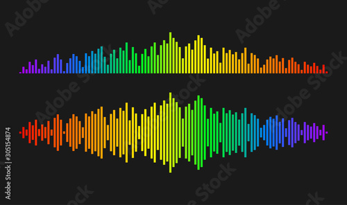 Sound wave rhythm. Colorful digital equalizer. Abstract wavy stripes on a black background isolated.