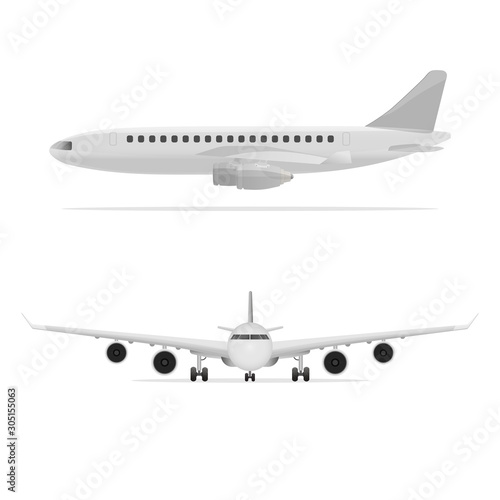 Flat vector Airplane in all points of view. Airliner front view, Airliner side view. Vector illustration.