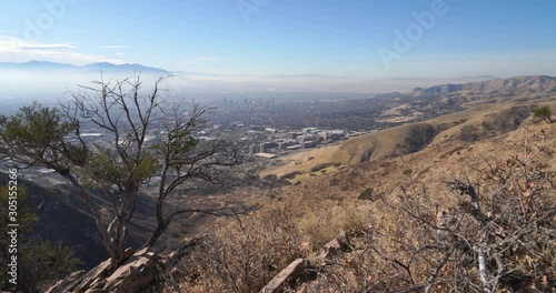 Arid shrubs and other vegetation with Salt Lake City below the mountain in the background