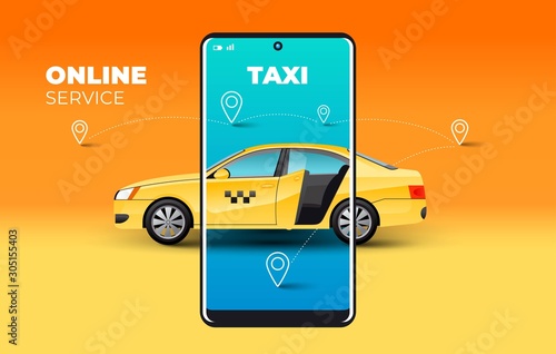 Taxi service mobile display illustration yellow background