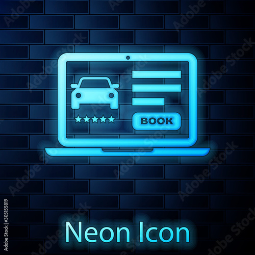 Glowing neon Online car sharing icon isolated on brick wall background. Online rental car service. Online booking design concept for laptop.  Vector Illustration