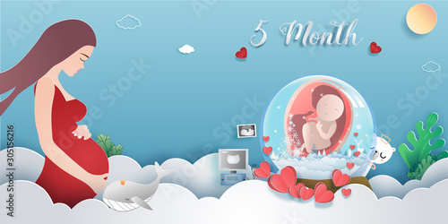 regnancy 5-month Stages of development. Process of human fetal growth in pregnancy and mother and baby infographic Happy Mother's Day beautiful woman and child.Vector illustration
