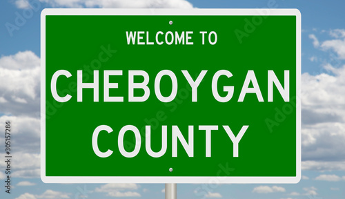 Rendering of a green 3d highway sign for Cheboygan County in Michigan photo