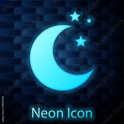 Glowing neon Moon and stars icon isolated on brick wall background. Vector Illustration
