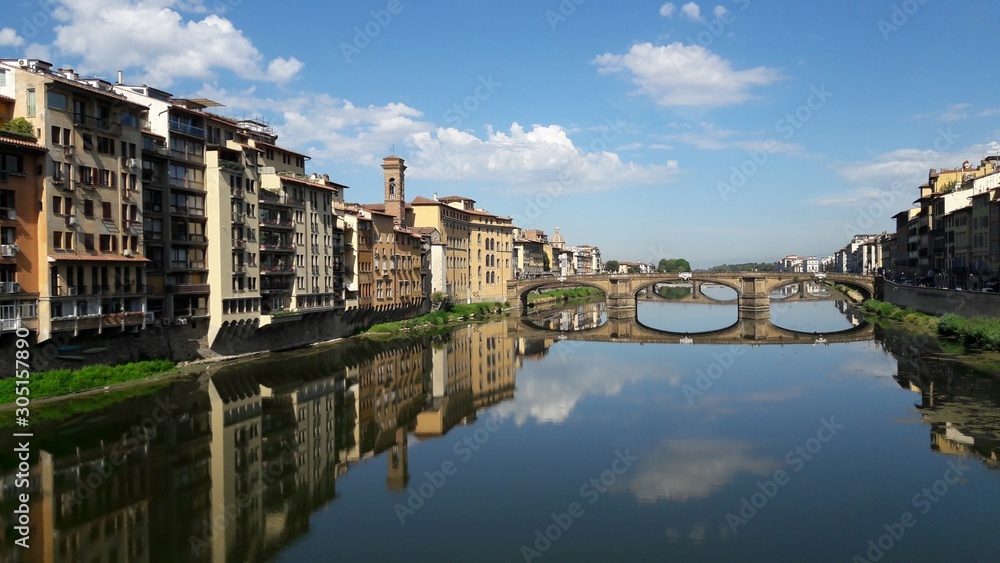 The reflection of houses and bridges in the river.