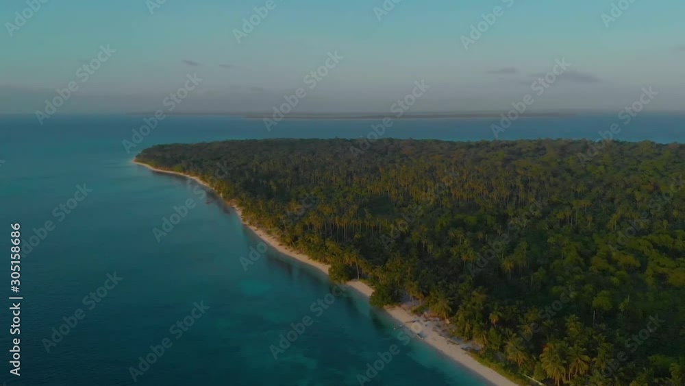 flight over of palm trees line up along the tropical white sand coast of Candarman island, tropical vacation concept in Balabac, Palawan Philippines. 4K Aerial landscape of tropical island at sunset flight over of palm trees line up along the tropical white sand coast of Candarman island, tropical vacation concept in Balabac, Palawan Philippines. 4K Aerial landscape of tropical island at sunset