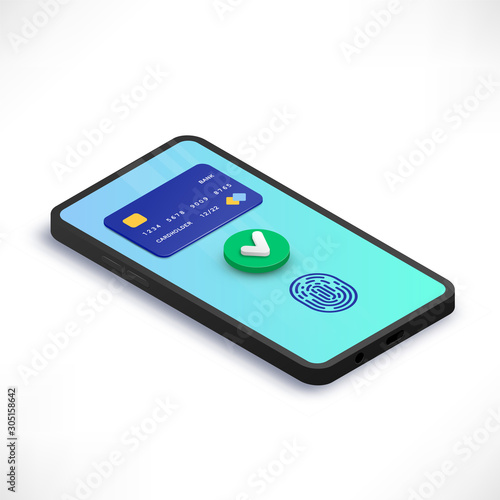 Mobile payment accepted isometric concept. 3d Smartphone with credit card, green yes check mark, fingerprint on screen. Success transaction, money transfer. Vector illustration