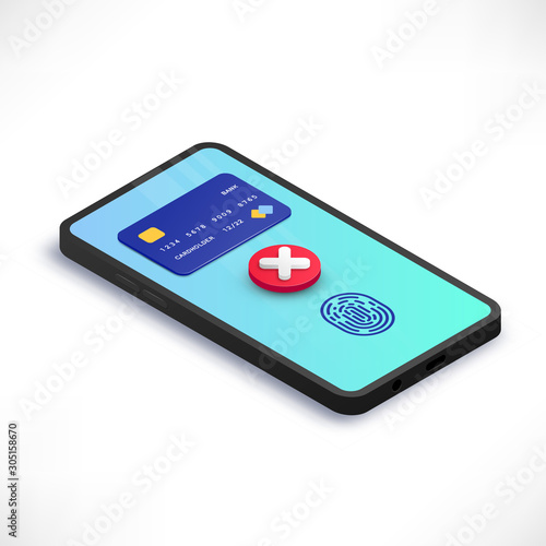 Mobile payment error isometric concept. 3d Smartphone with credit card, cross check mark, fingerprint on screen. Rejected transaction, insufficient funds, unauthorized access, money transfer failure