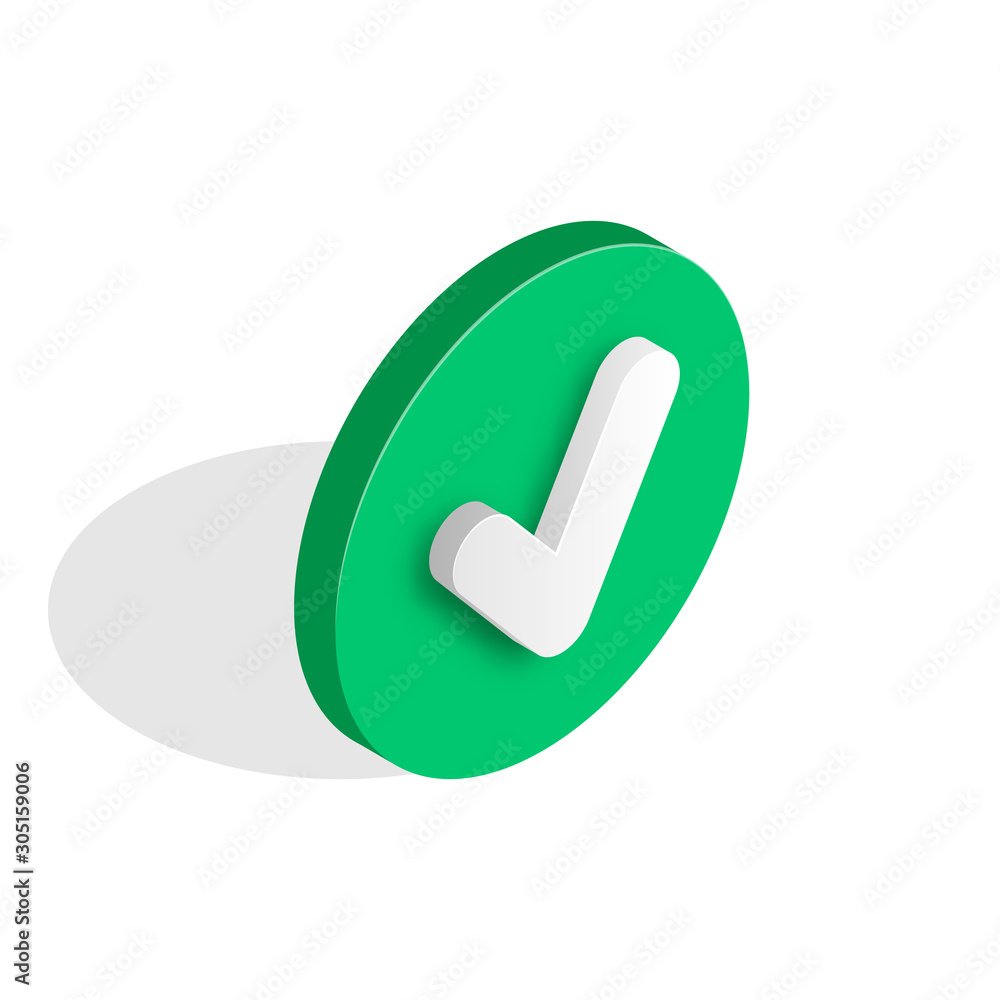 Checkmark isometric icon. 3d tick sign. Green check mark icon isolated on white background. Simple mark graphic flat design. Green yes button. Vector illustration. Checkmark isometric icon. 3d tick sign. Green check mark icon isolated on white background. Simple mark graphic flat design. Green yes button. Vector illustration.