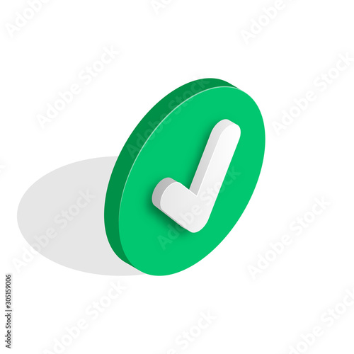 Checkmark isometric icon. 3d tick sign. Green check mark icon isolated on white background. Simple mark graphic flat design. Green yes button. Vector illustration.