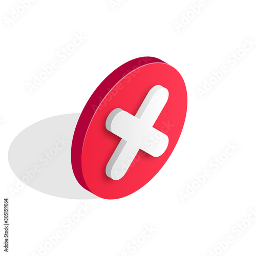 Checkmark isomtric icon. Wrong and failed decision, 3d error sign. Red X cross icon isolated on white background. Simple mark graphic flat design. Circle shape NO button. Vector illustration