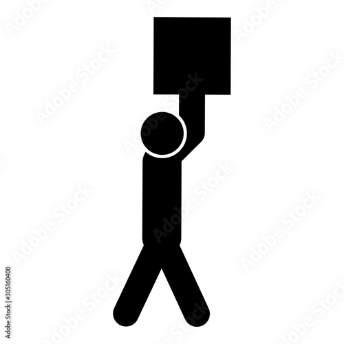 Man carries load in his arms above himself Stick work on delivery parcel icon black color vector illustration flat style image