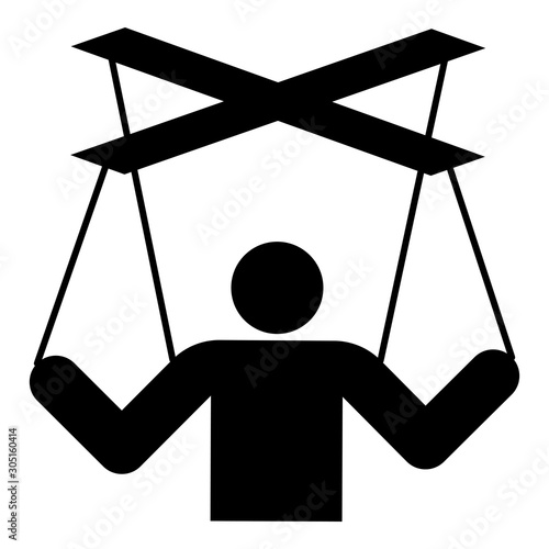 Human manipulation concept Puppet stick man manipulating on string Dependence theme Control people Management executive idea icon black color vector illustration flat style image