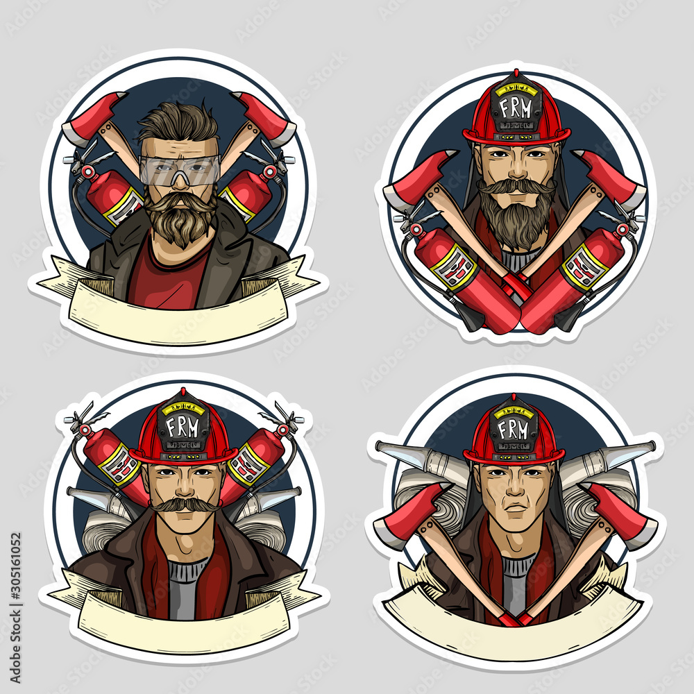 Set of sketch fireman stickers Set of sketch fireman stickers