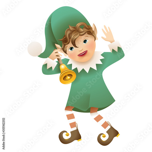 Funny Elf character with a  Christmas bell. Isolated on a white background.