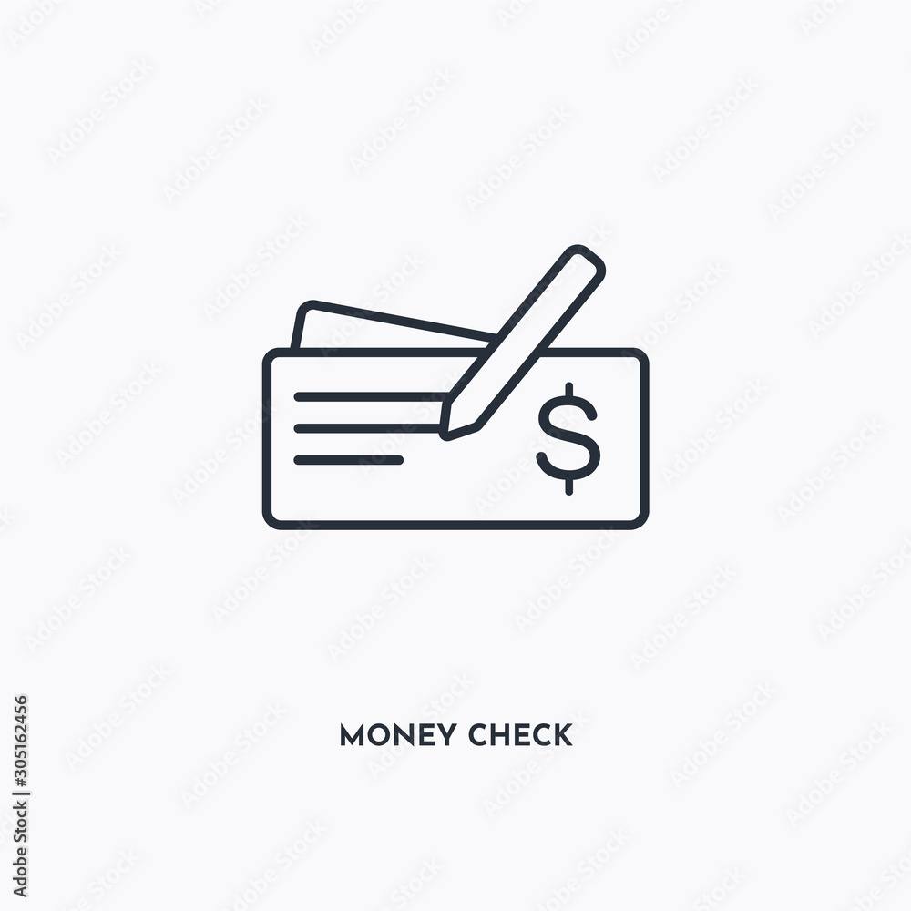 Money check outline icon. Simple linear element illustration. Isolated line Money check icon on white background. Thin stroke sign can be used for web, mobile and UI. Money check outline icon. Simple linear element illustration. Isolated line Money check icon on white background. Thin stroke sign can be used for web, mobile and UI.