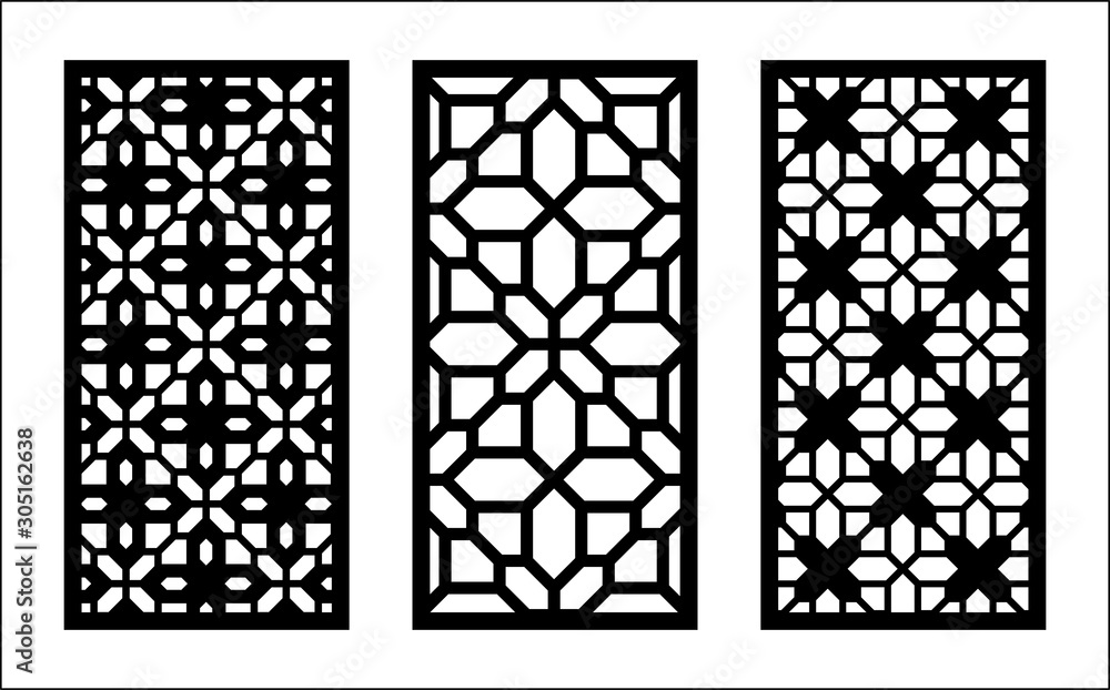 Laser pattern. Set of decorative vector panels for laser cutting. Template pattern for interior partition in arabesque style. Ratio 1:2