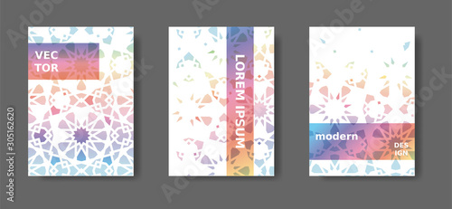 Rainbow geometric poster,catalog,magazine, report modern set. Vector A4 cover design with arabesque mosaic.
