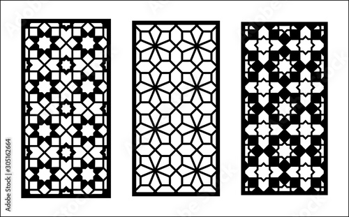 Cnc laser pattern. Set of decorative vector panels for laser cutting. Cnc template for interior partition in arabesque style. Ratio 1:2