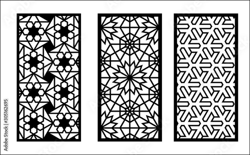 Laser arabesque pattern. Set of decorative vector panels for laser cutting. Template for interior partition in arabesque style. Ratio 1:2